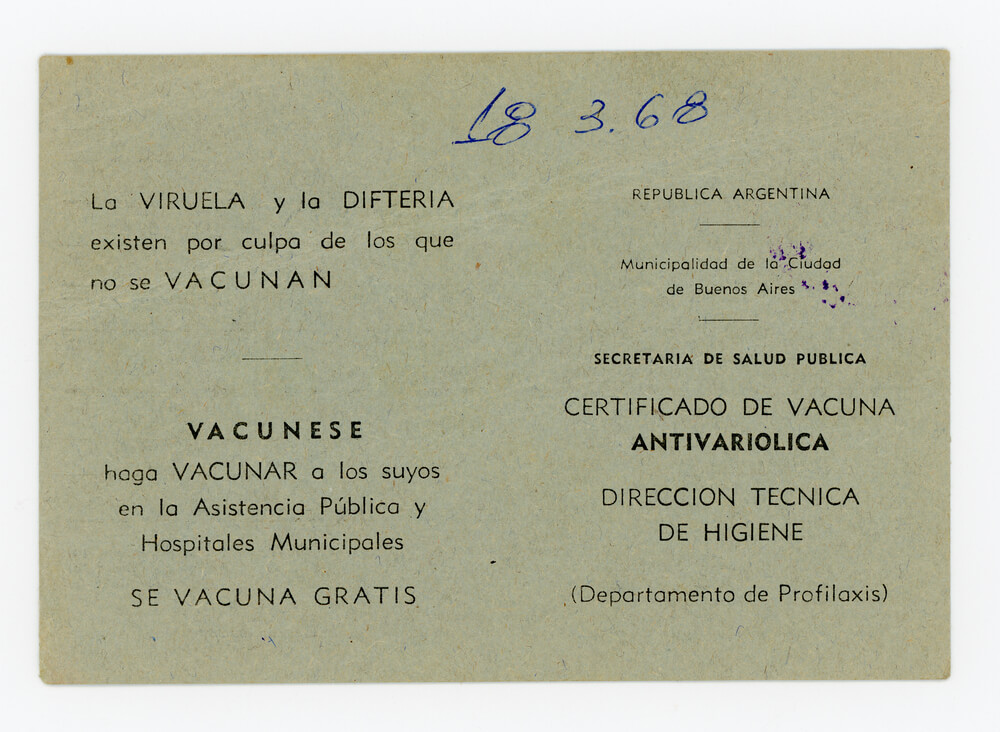 Certificado de vacunación antivariólica (dorso)